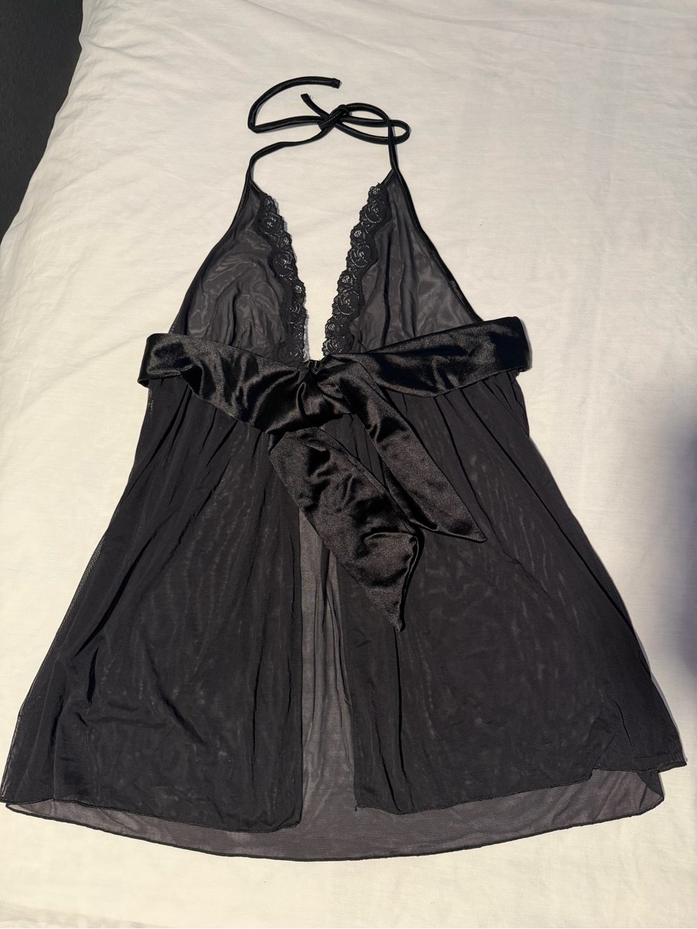 Illusion  Black Sheer Lace Halter Chemise with Satin Waist Sash